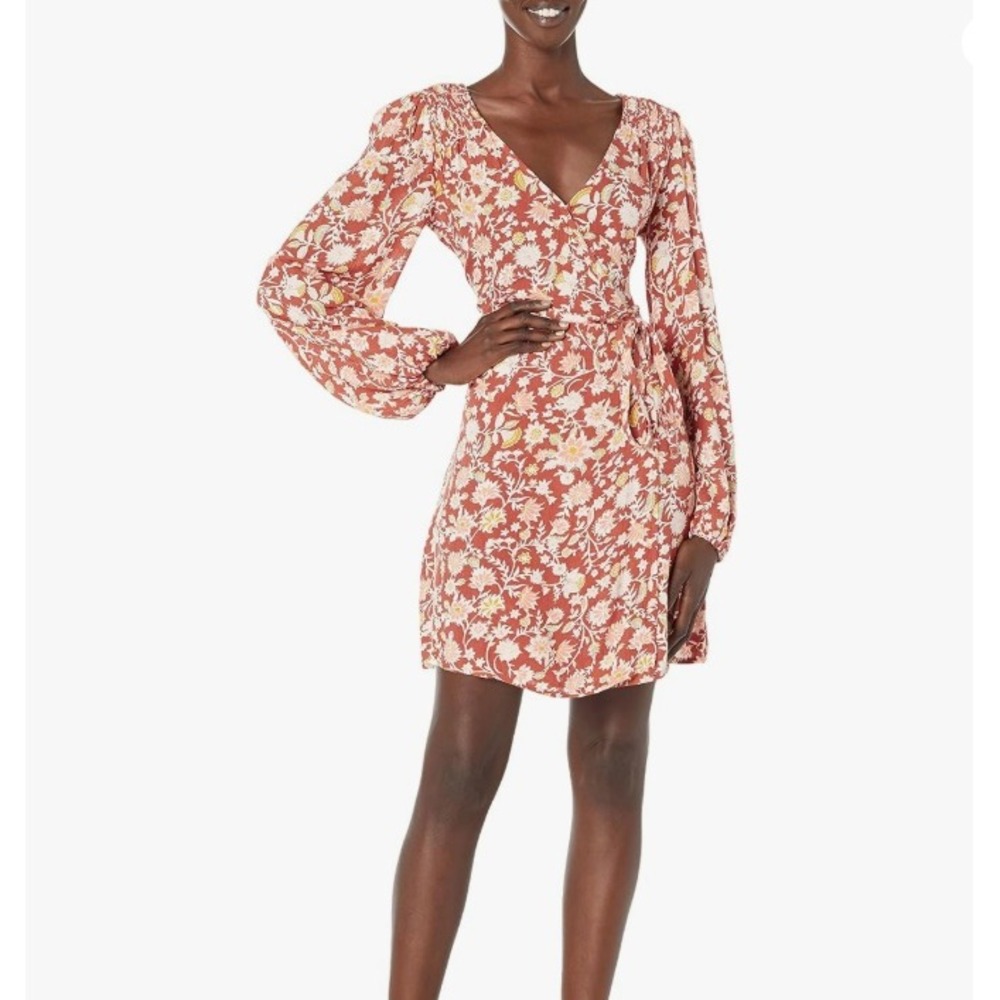 Billabong Wrap Dress Red Clay Crinkle Floral Blouson Sleeve Boho Cottage Party M - Picture 1 of 12